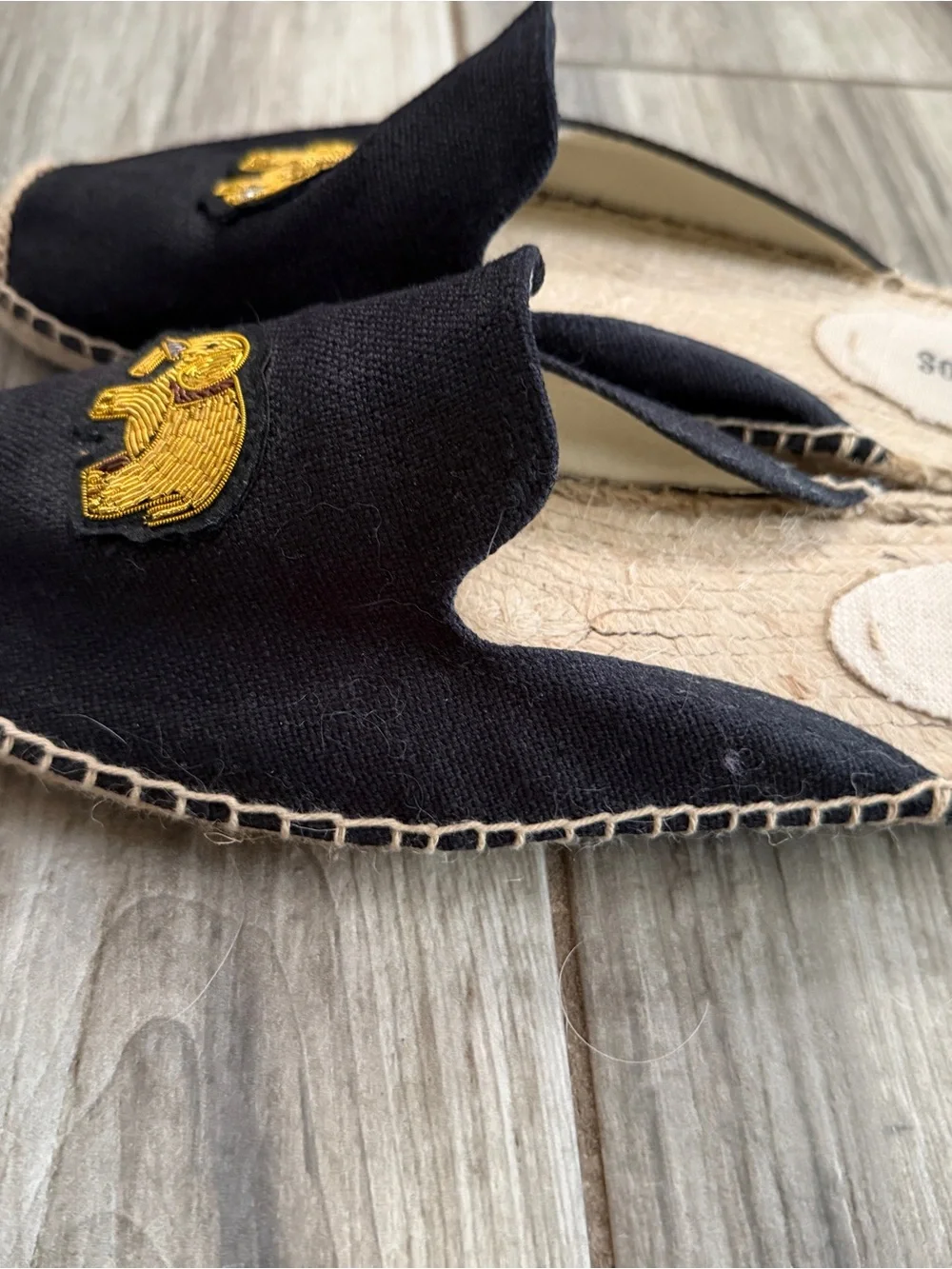 Soludos Black Slip-On Espadrilles with Gold Elephant Embroidery